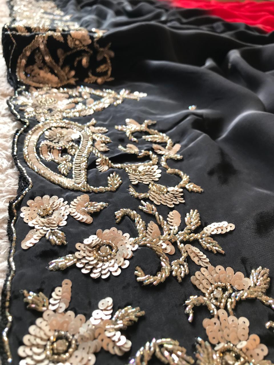 Black & Red Shaded Premium Pure Crepe Silk Saree – Luxury Zardozi Handwork