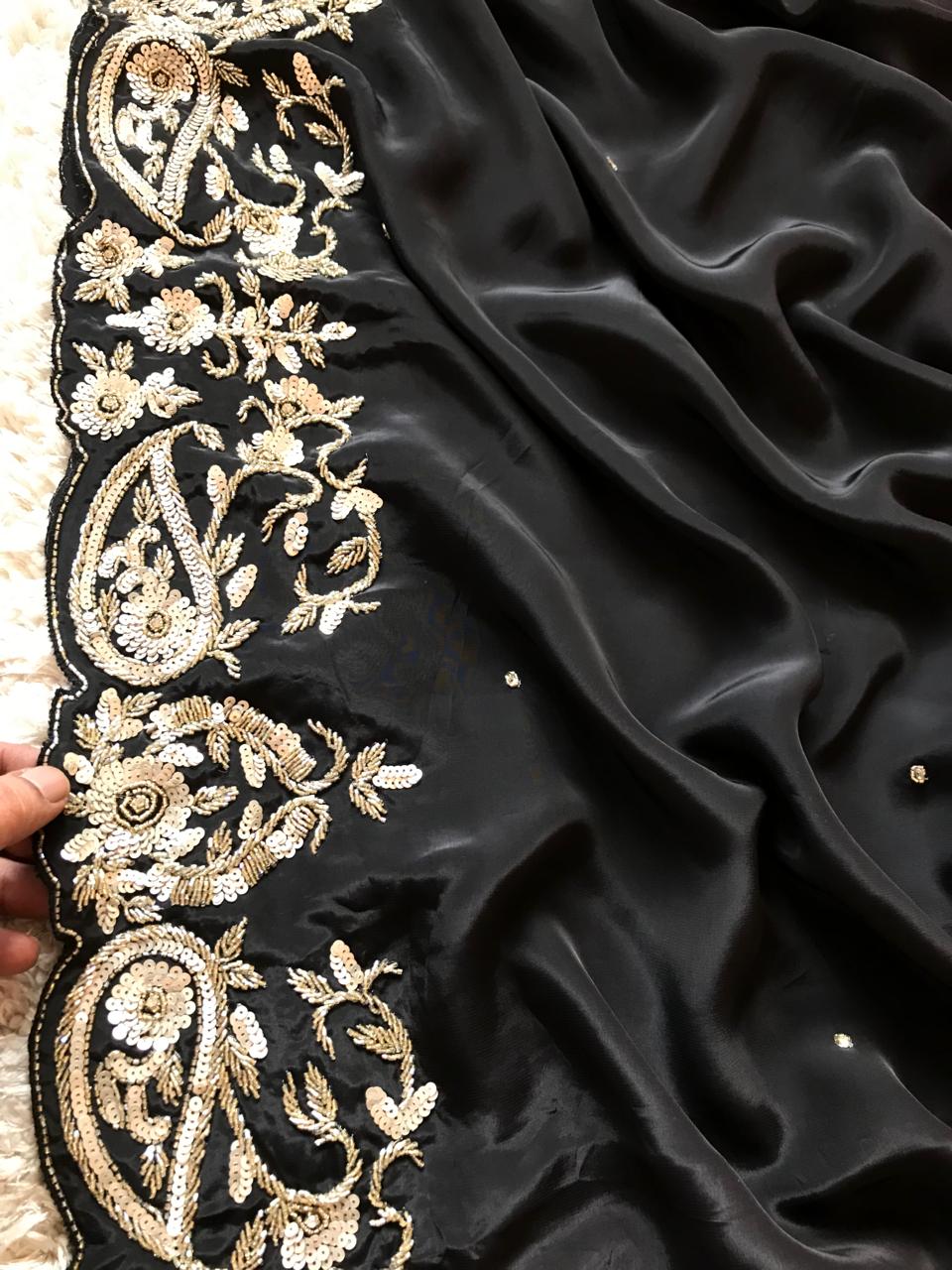 Black & Red Shaded Premium Pure Crepe Silk Saree – Luxury Zardozi Handwork