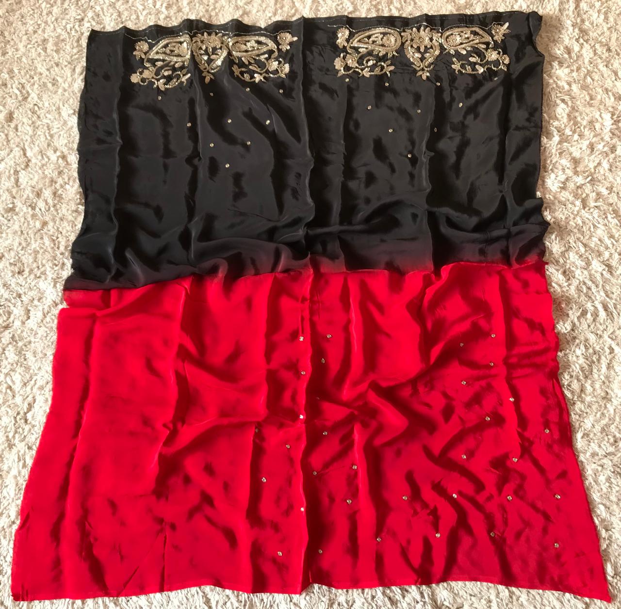 Black & Red Shaded Premium Pure Crepe Silk Saree – Luxury Zardozi Handwork