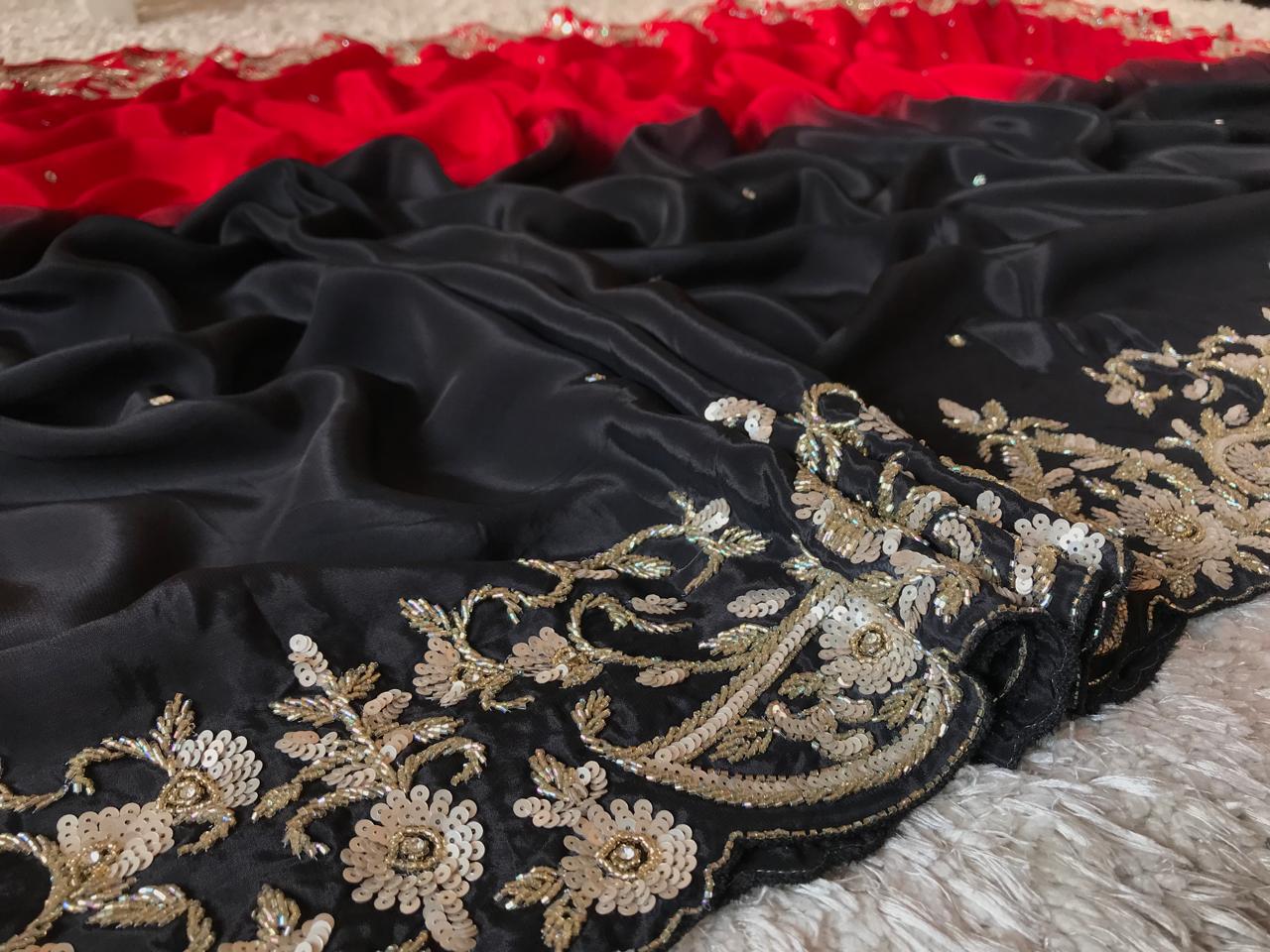 Black & Red Shaded Premium Pure Crepe Silk Saree – Luxury Zardozi Handwork