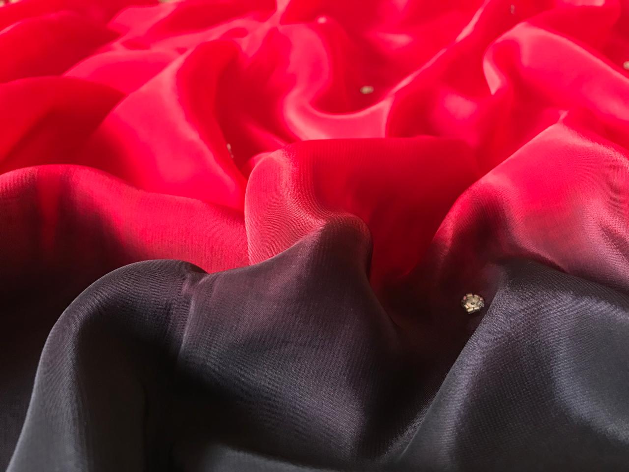 Black & Red Shaded Premium Pure Crepe Silk Saree – Luxury Zardozi Handwork