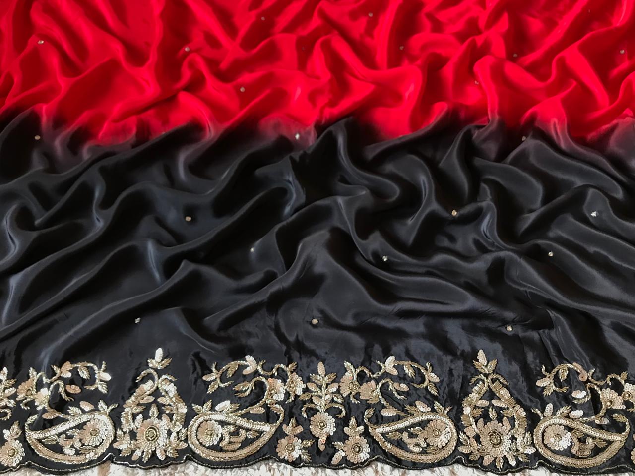 Black & Red Shaded Premium Pure Crepe Silk Saree – Luxury Zardozi Handwork