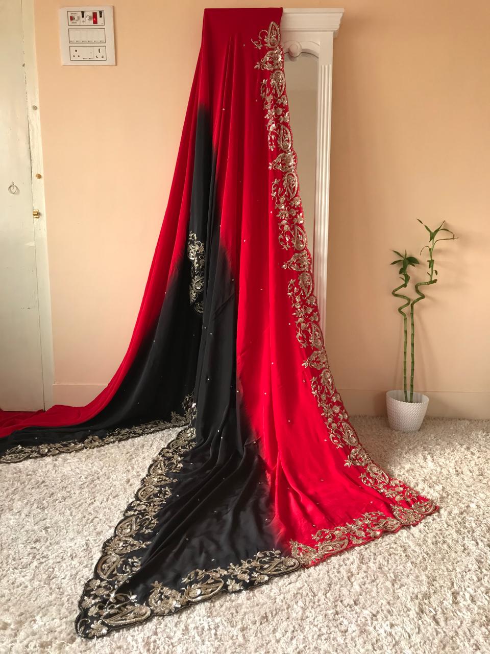 Black & Red Shaded Premium Pure Crepe Silk Saree with Rich Zardozi Handwork Border