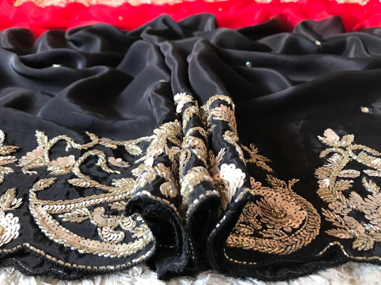 Black & Red Shaded Premium Pure Crepe Silk Saree – Luxury Zardozi Handwork