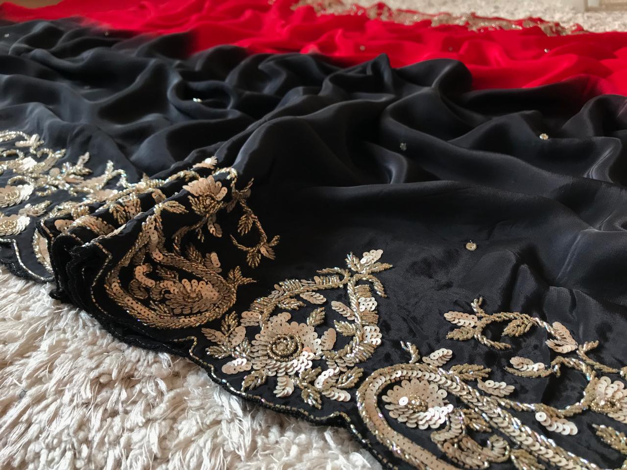 Black & Red Shaded Premium Pure Crepe Silk Saree – Luxury Zardozi Handwork