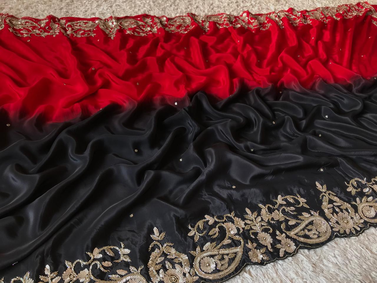 Black & Red Shaded Premium Pure Crepe Silk Saree – Luxury Zardozi Handwork