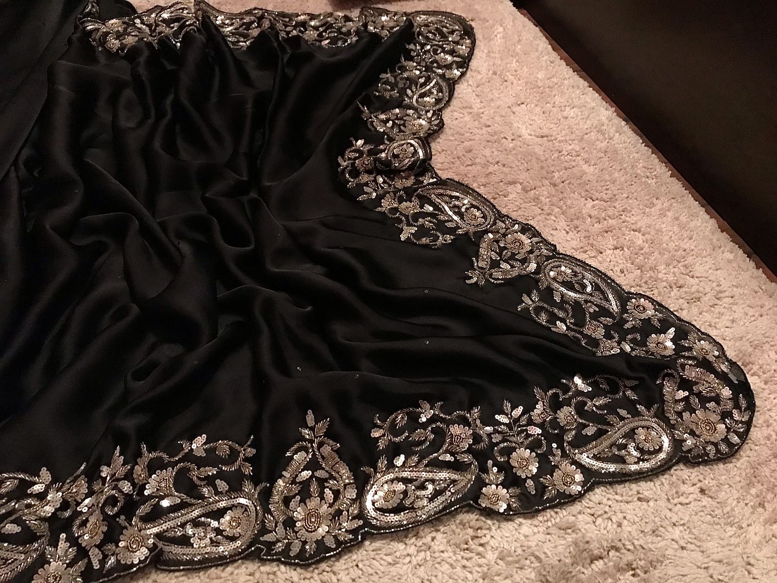 Black Premium Pure Crepe Silk Saree Luxury Zardozi Handwork