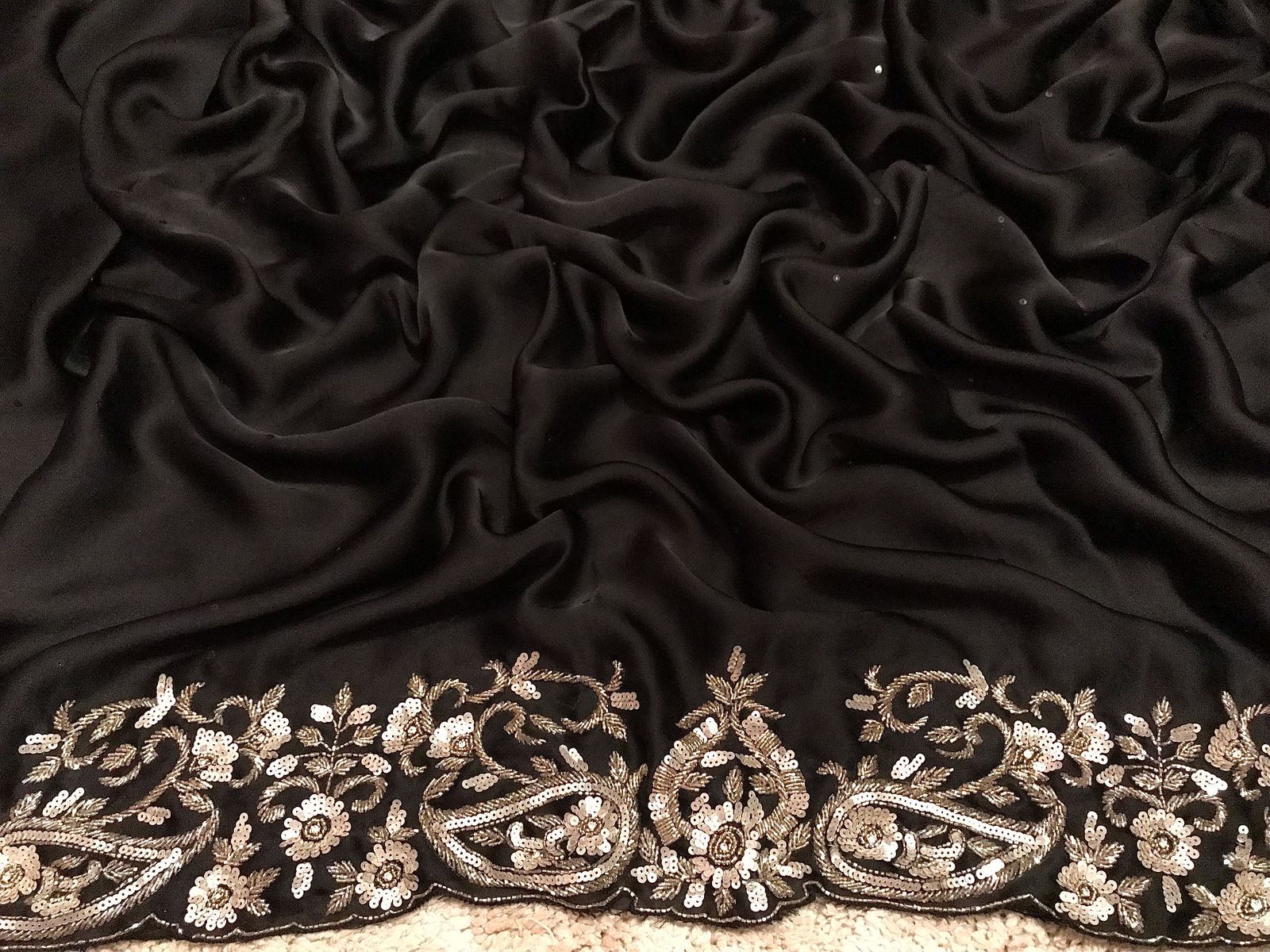 Black Premium Pure Crepe Silk Saree Luxury Zardozi Handwork