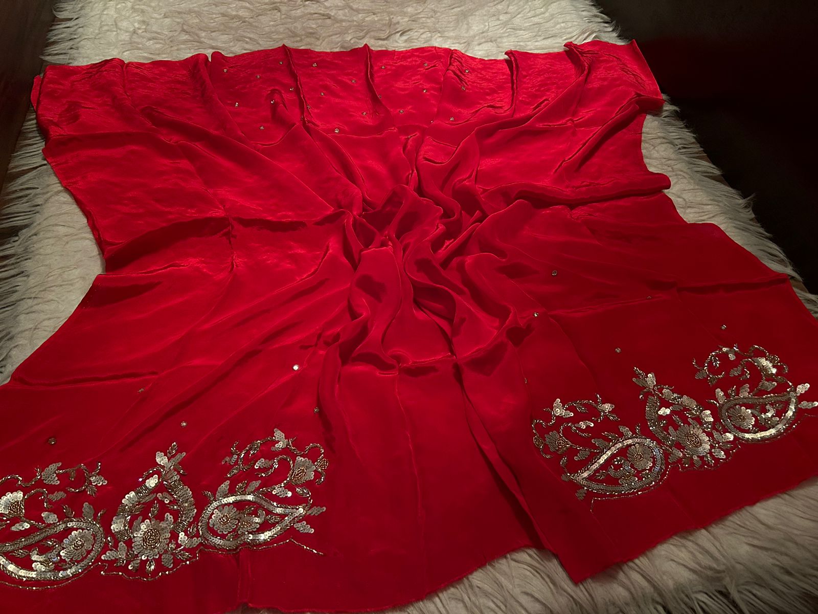 Red Premium Pure Crepe Silk Saree Luxury Zardozi Handwork
