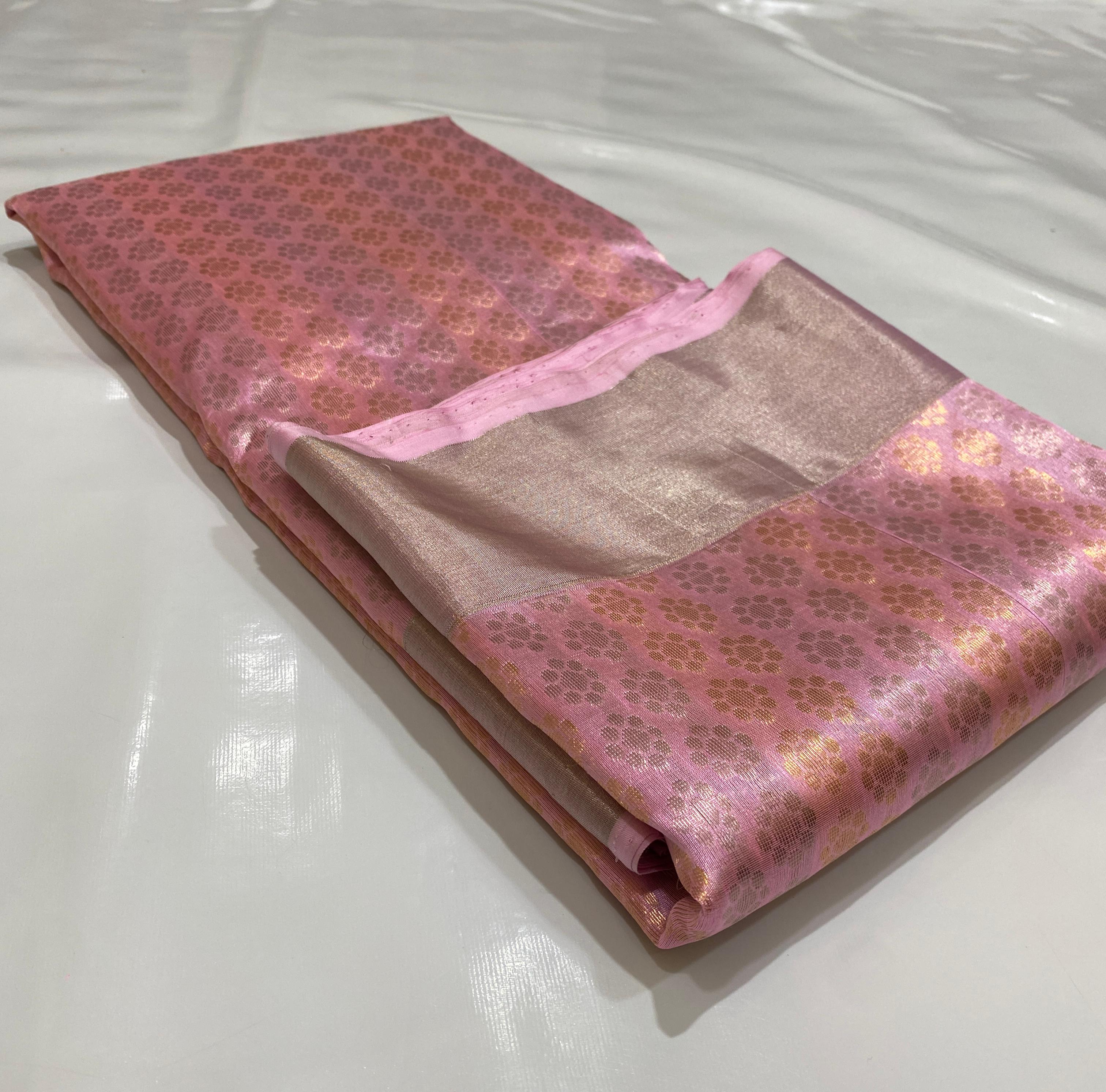 Pink Chanderi Handloom Pattu Tissue Silk Saree With All-Over Zari Woven Motifs, Elegant Tissue Finish, Rich Border And Matching Blouse Piece.
