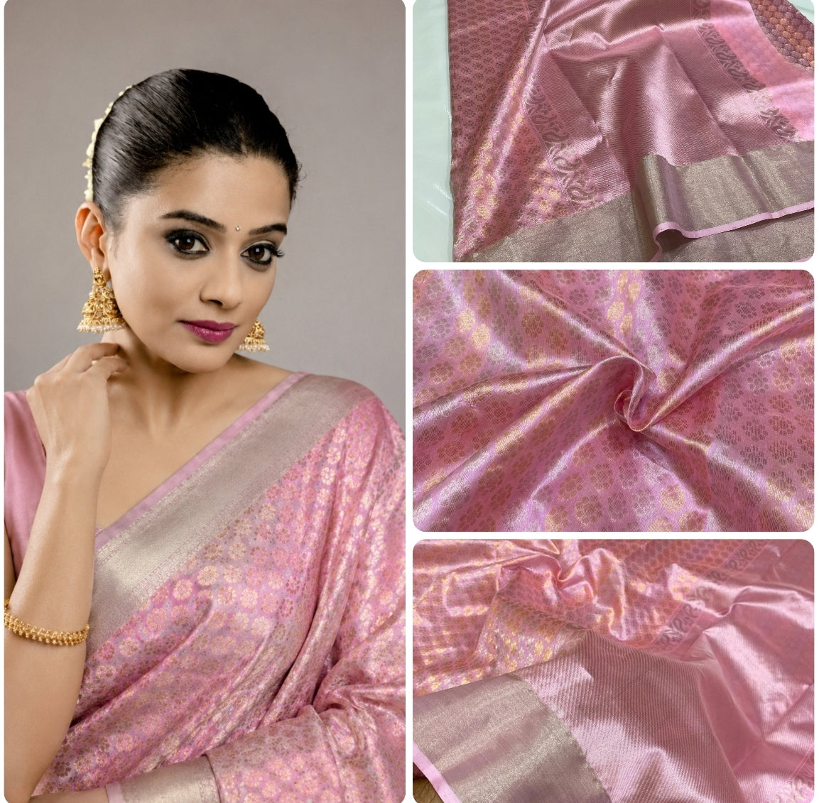 Pink Chanderi Handloom Pattu Tissue Silk Saree With All-Over Zari Woven Motifs, Elegant Tissue Finish, Rich Border And Matching Blouse Piece.