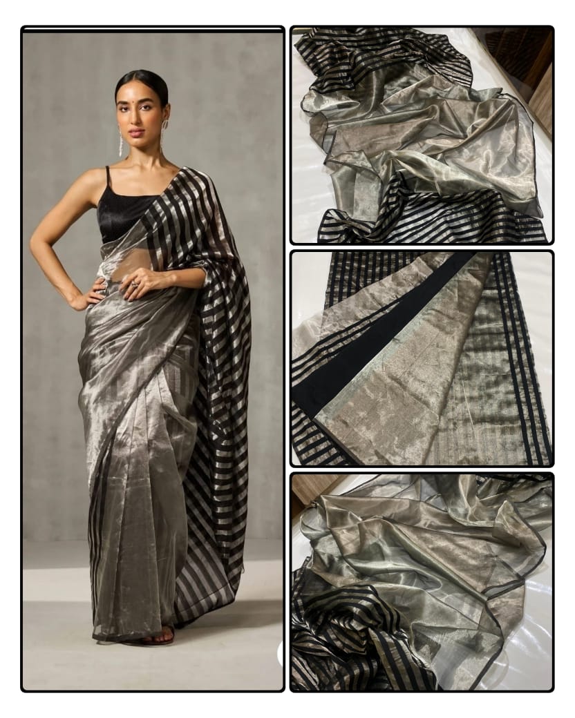 Silver Chanderi Handloom Pattu Tissue Silk Saree With Elegant Black Striped Weaving, Rich Tissue Finish, Stylish Woven Border And Matching Blouse Piece.