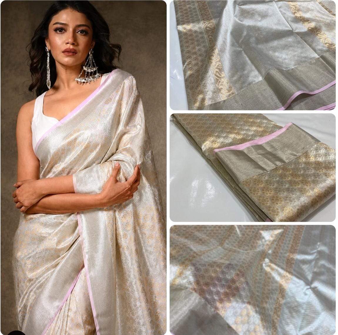 Ivory White Chanderi Handloom Pattu Tissue Silk Saree With Gold Zari Woven Motifs, Elegant Tissue Finish, Rich Woven Border And Matching Blouse Piece.
