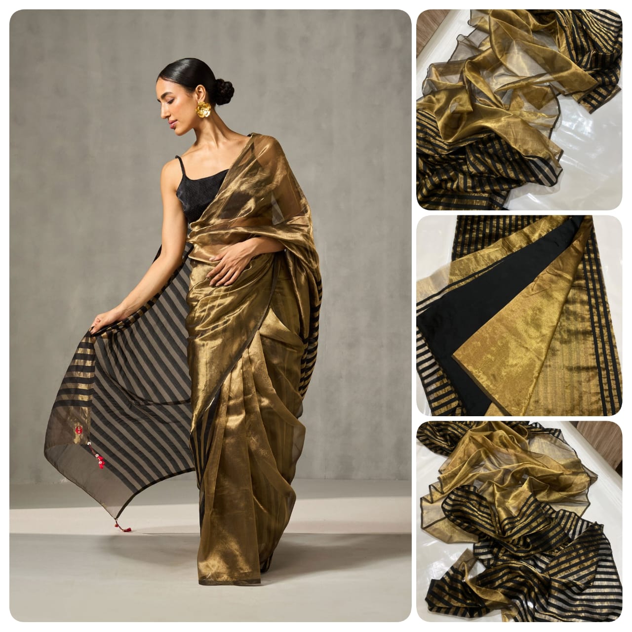 Golden Chanderi Handloom Pattu Tissue Silk Saree With Elegant Black Striped Weaving, Rich Tissue Finish, Stylish Woven Border And Matching Blouse Piece.