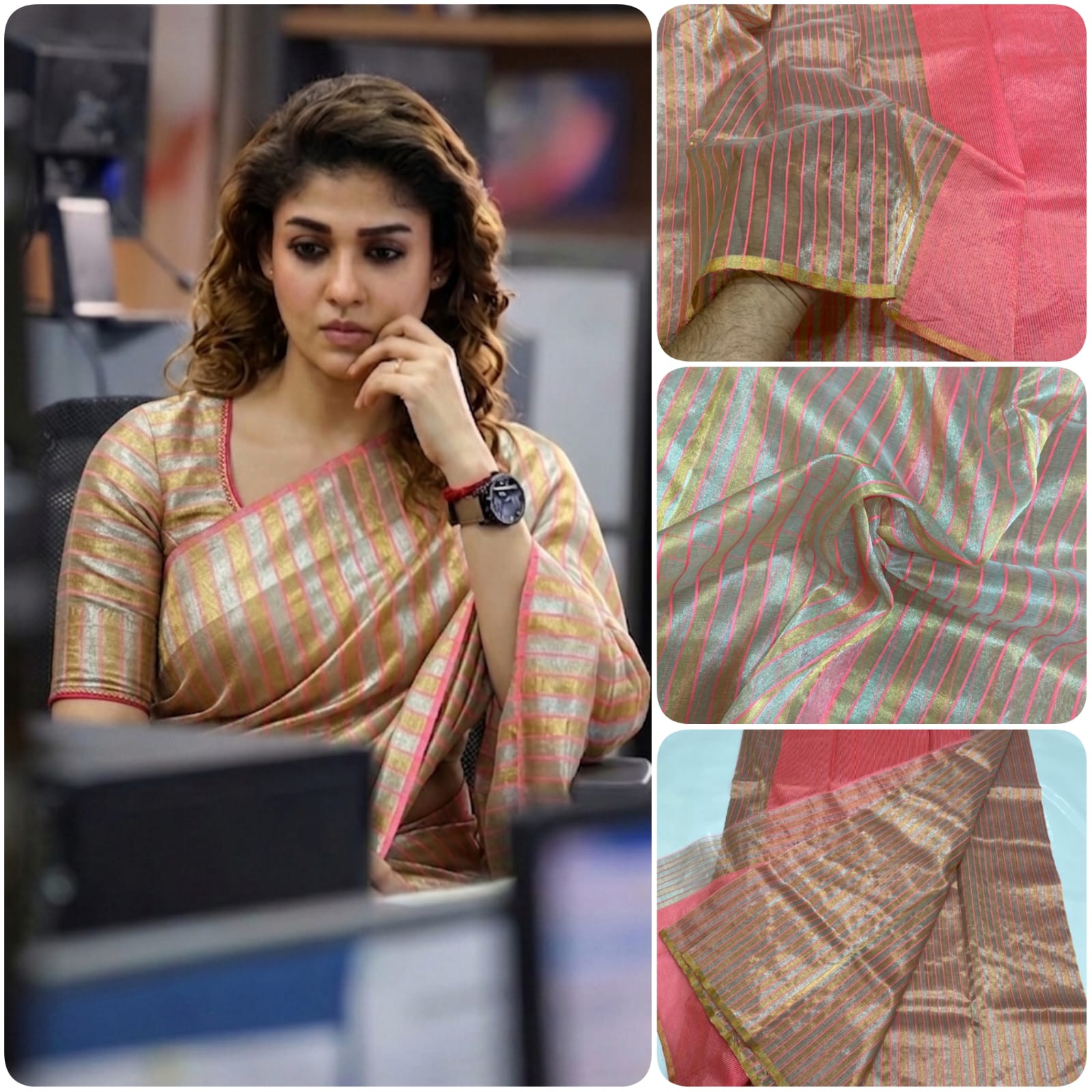 Golden Chanderi Handloom Tissue Silk Saree With Pink Striped Weaving, Rich Pink Pallu, Luxurious Tissue Finish And Matching Blouse Piece.