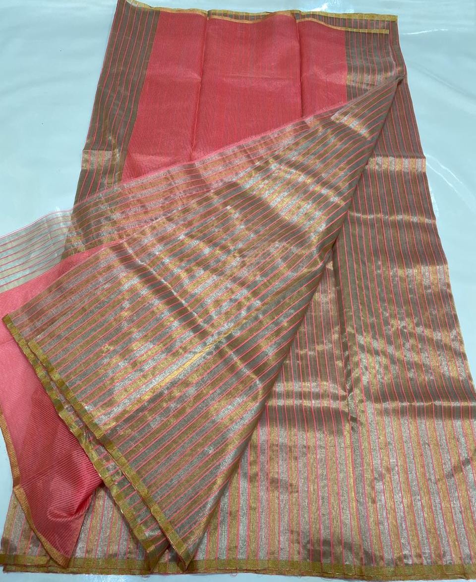 Golden Chanderi Handloom Tissue Silk Saree With Pink Striped Weaving, Rich Pink Pallu, Luxurious Tissue Finish And Matching Blouse Piece.