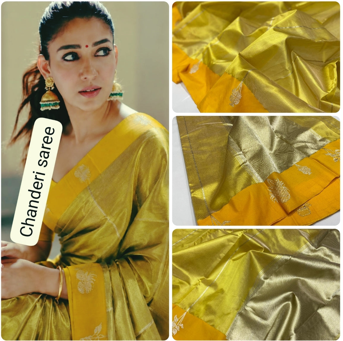 Golden Chanderi Handloom Pattu Tissue Silk Saree With Silver Zari Woven Motifs, Contrast Yellow Border, Rich Tissue Finish And Matching Blouse Piece.