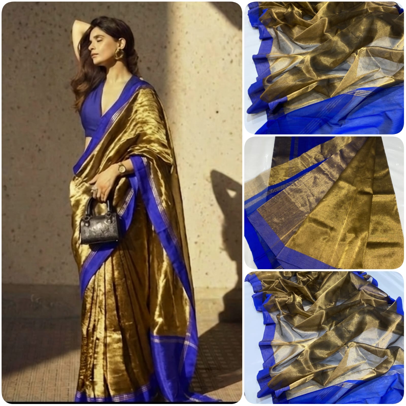 Antique Gold Chanderi Handloom Tissue Silk Saree With Royal Blue Contrast Border, Luxurious Tissue Finish And Matching Blouse Piece.