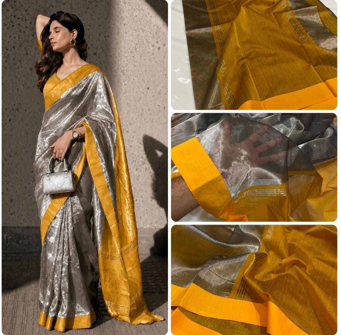 Silver Chanderi Handloom Tissue Silk Saree With Mustard Yellow Contrast Border, Rich Tissue Finish, Elegant Woven Border And Matching Blouse Piece.