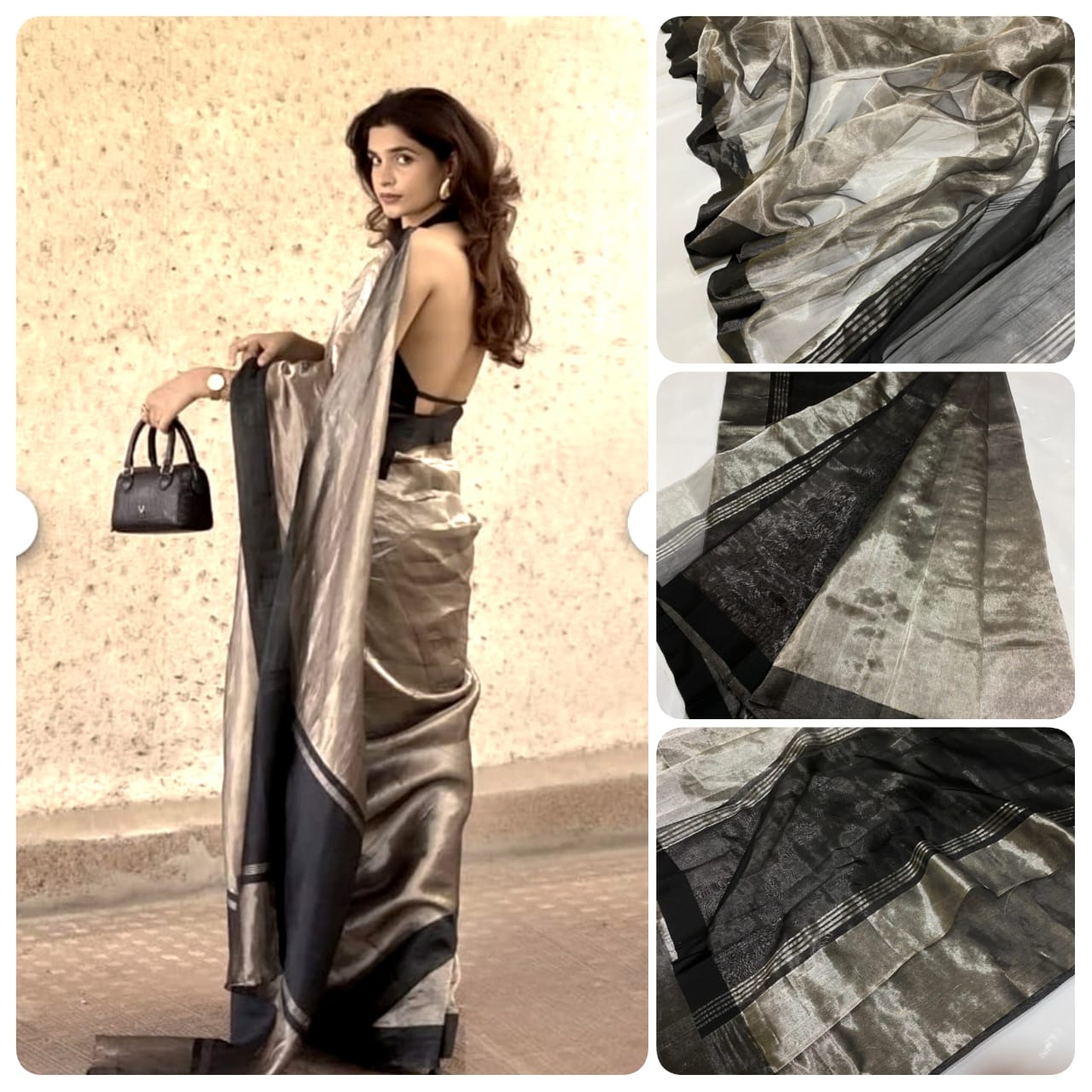 Silver Chanderi Handloom Tissue Silk Saree With Black Contrast Border, Rich Tissue Finish, Elegant Woven Border And Matching Blouse Piece.
