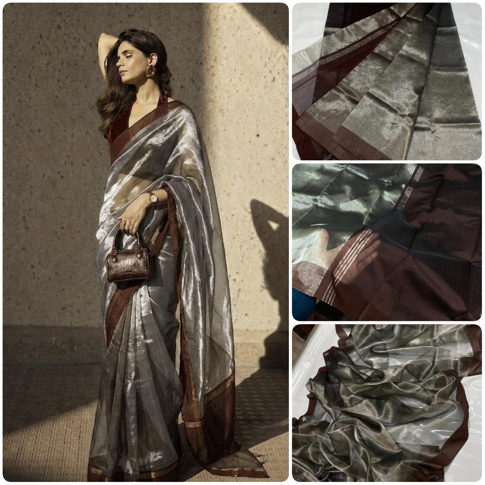 Silver Chanderi Handloom Tissue Silk Saree With Brown Contrast Border, Rich Tissue Finish, Elegant Woven Border And Matching Blouse Piece.