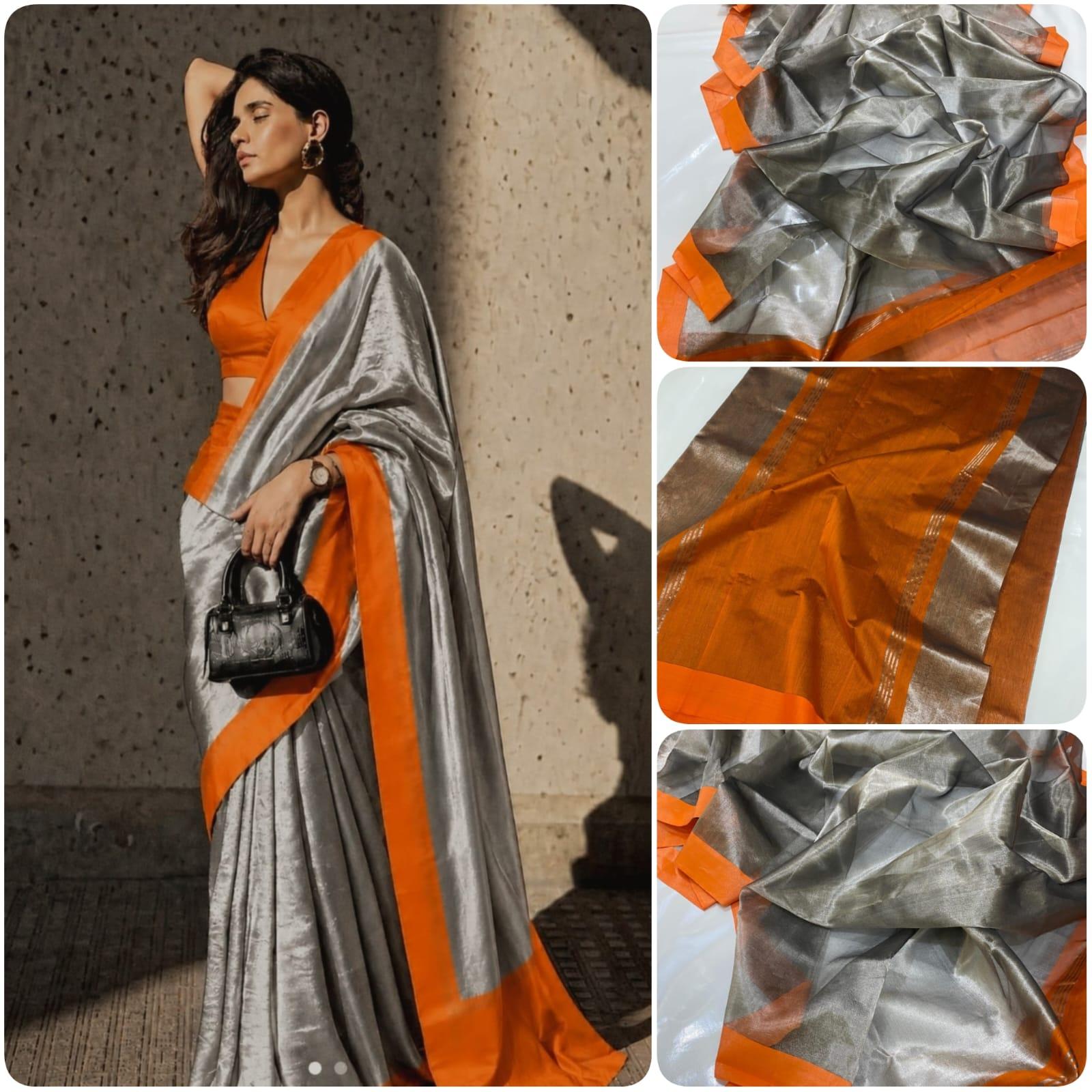 Silver Chanderi Handloom Tissue Silk Saree With Orange Contrast Border, Rich Tissue Finish, Elegant Woven Border And Matching Blouse Piece.