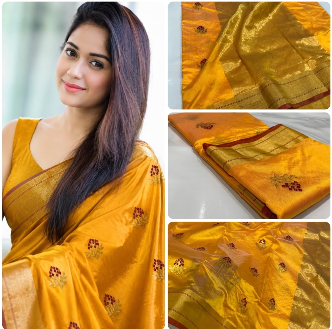 Mustard Yellow Chanderi Handloom Pattu Tissue Silk Saree With Zari Woven Floral Butti, Rich Golden Tissue Pallu, Contrast Border And Matching Blouse Piece.