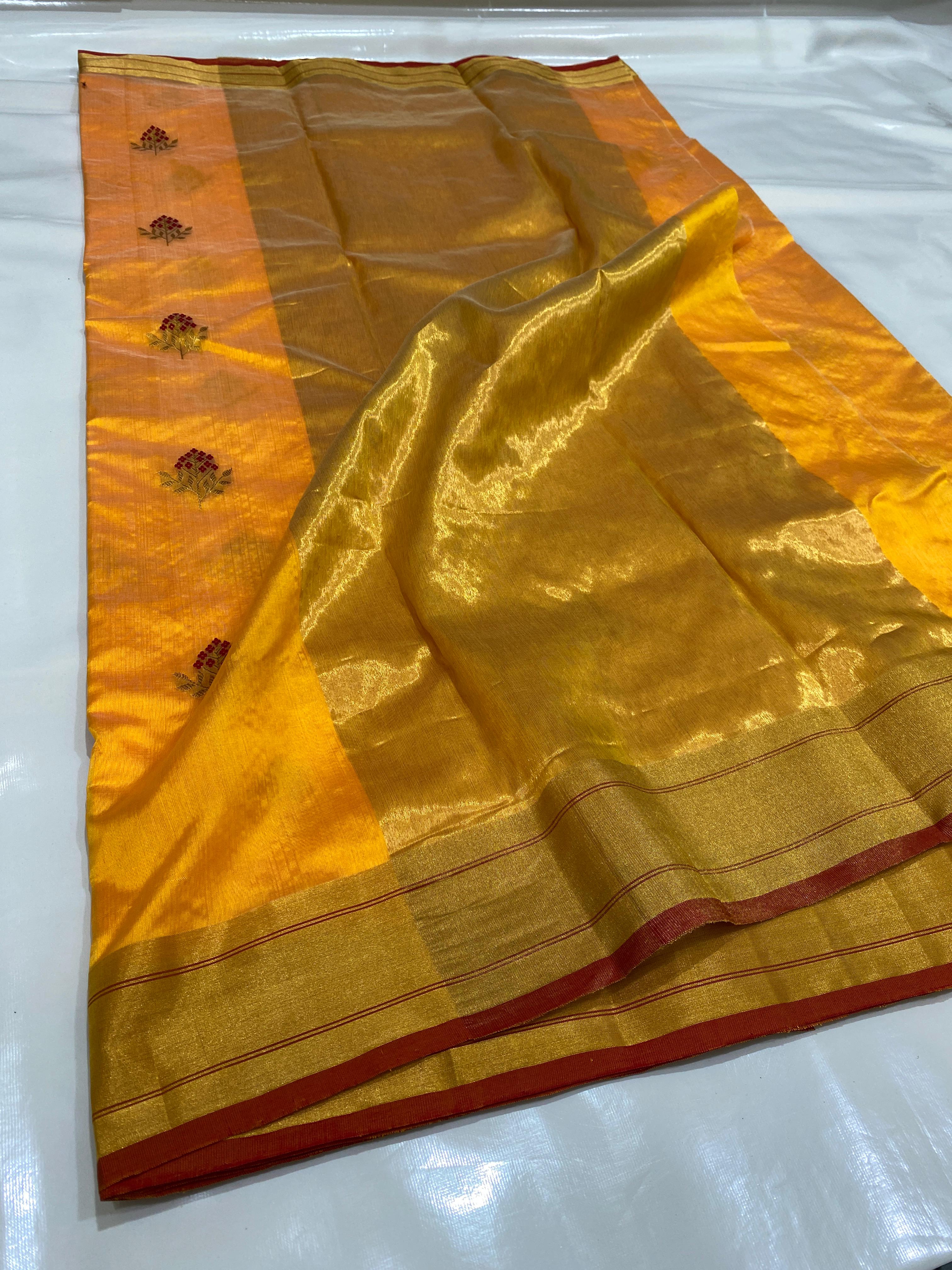 Mustard Yellow Chanderi Handloom Pattu Tissue Silk Saree With Zari Woven Floral Butti, Rich Golden Tissue Pallu, Contrast Border And Matching Blouse Piece.