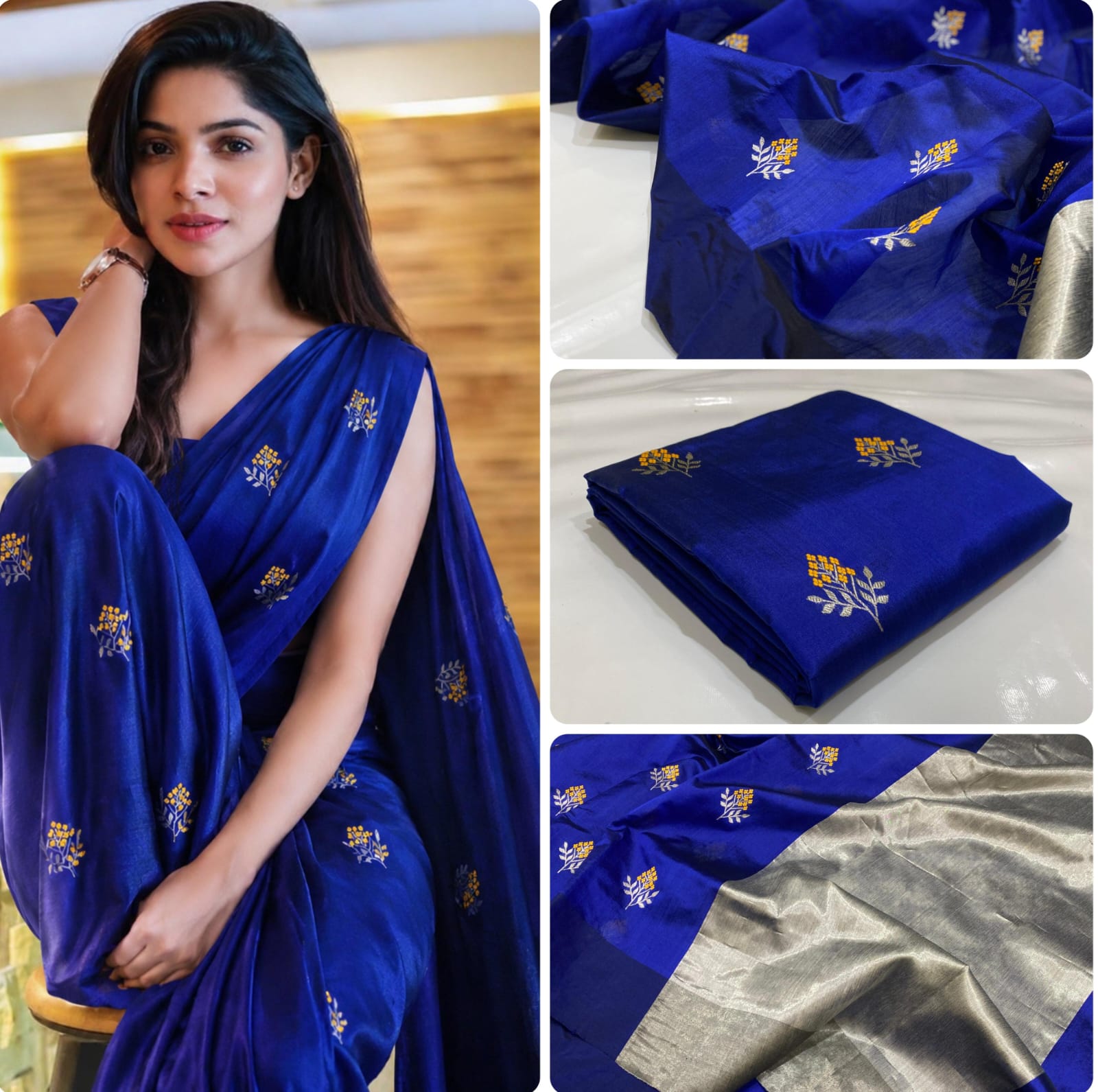 Royal Blue Chanderi Handloom Pattu Tissue Silk Saree With Silver And Golden Zari Floral Motifs, Rich Tissue Silk Pallu And Matching Blouse Piece.