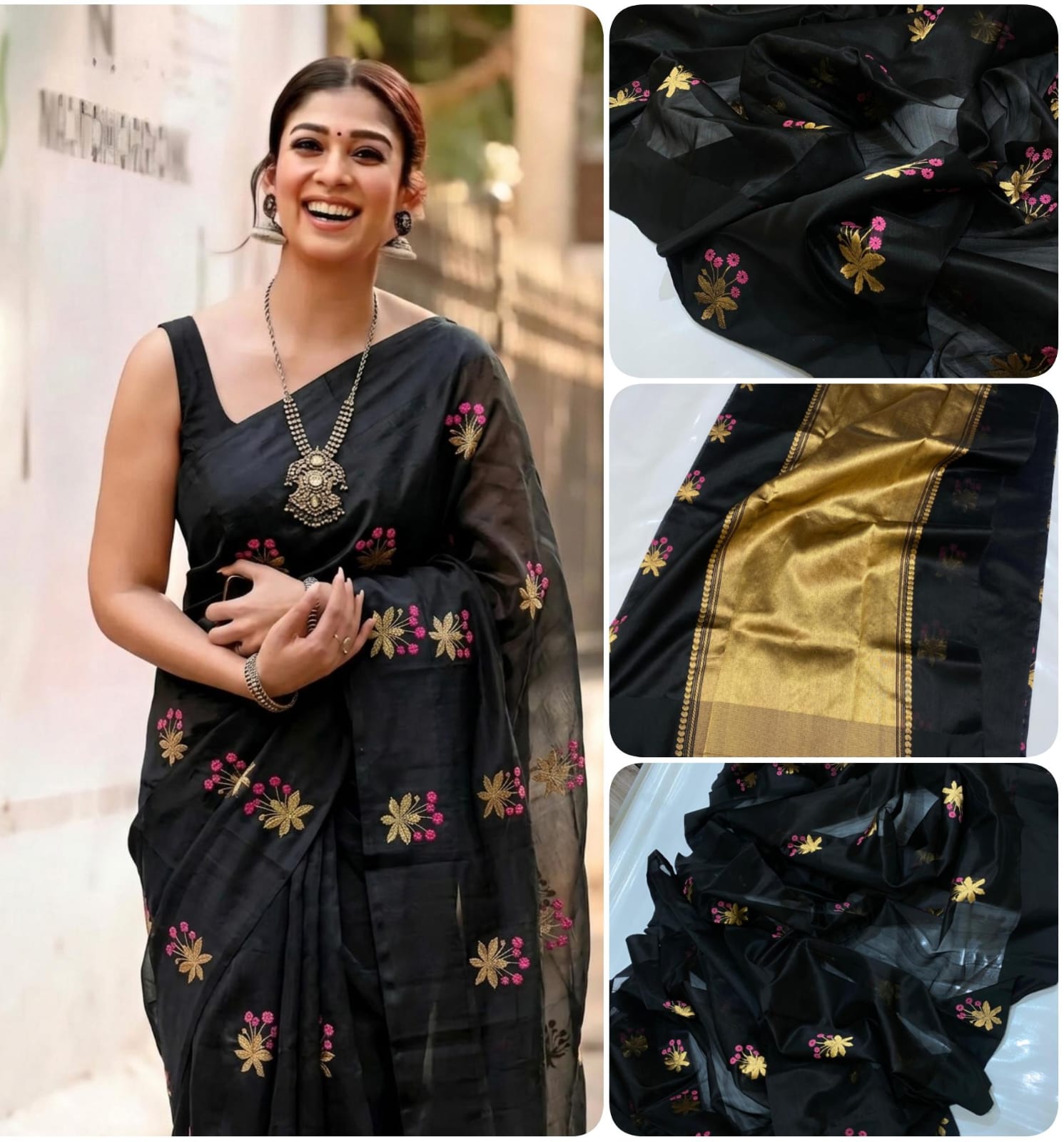 Black Chanderi Handloom Pattu Tissue Silk Saree Golden Border With Pink And Golden Zari Floral Motifs, Rich Tissue Silk Pallu And Matching Blouse Piece.
