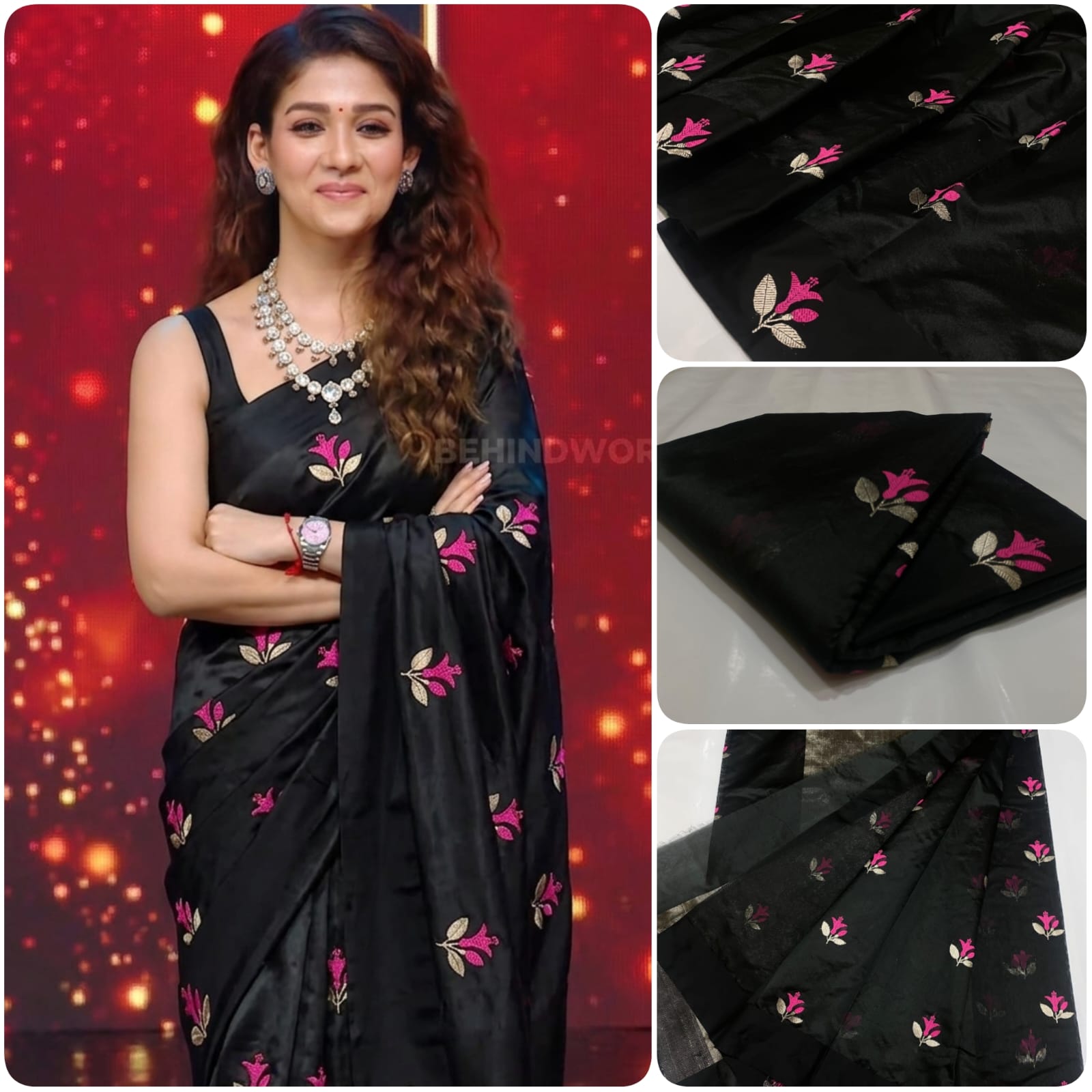 Black Chanderi Handloom Pattu Tissue Silk Saree Golden Border With Pink And Golden Zari Floral Motifs, Rich Tissue Silk Pallu And Matching Blouse Piece.