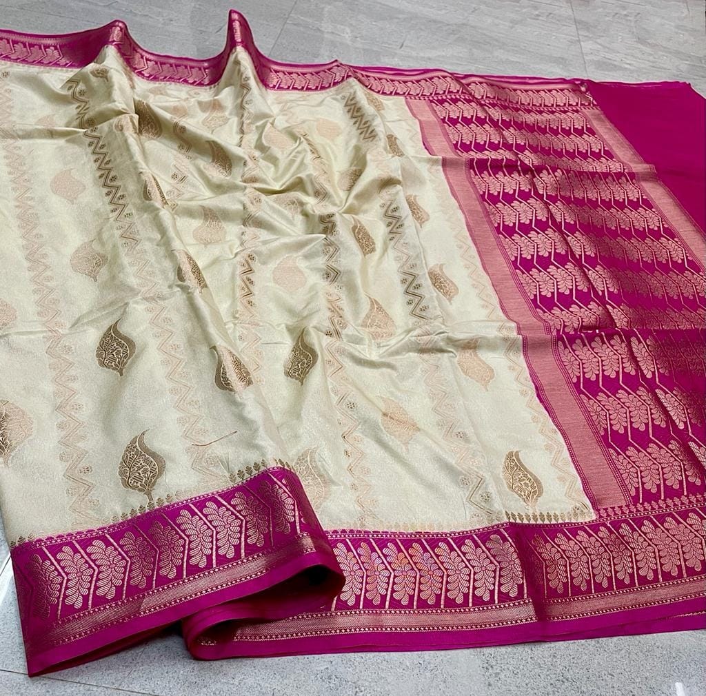 Banarasi Katan Dyeable Soft & Lightweight Silk Saree with Woven Buta, Stripe Design, Dual Zari Border, Designer Pallu & Blouse in Cream and Magenta