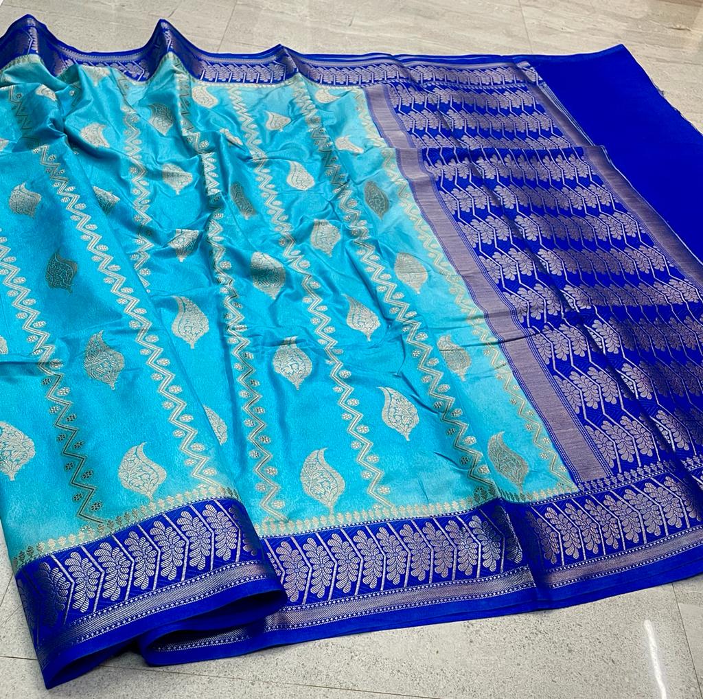 Banarasi Katan Dyeable Soft & Lightweight Silk Saree with Woven Buta, Stripe Design, Dual Zari Border, Designer Pallu & Blouse in Blue