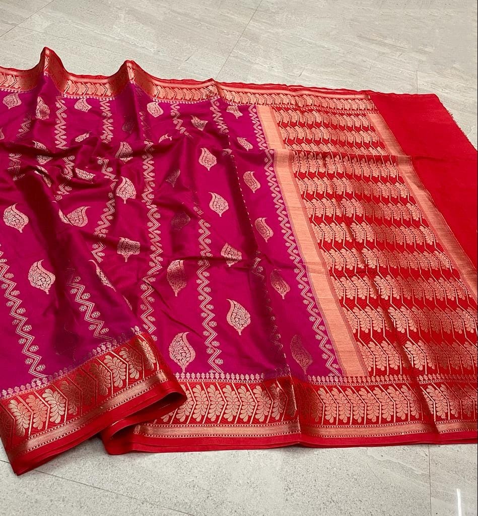 Banarasi Katan Dyeable Soft & Lightweight Silk Saree with Woven Buta, Stripe Design, Dual Zari Border, Designer Pallu & Blouse in Pink & Red