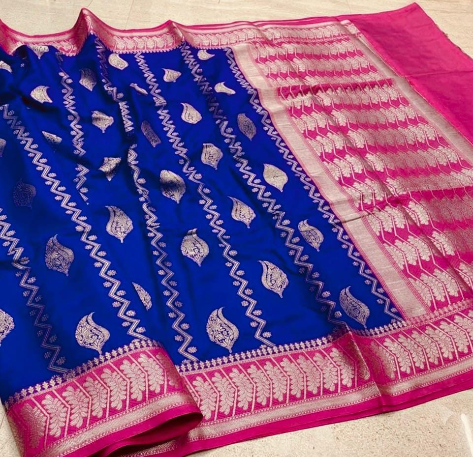 Banarasi Katan Dyeable Soft & Lightweight Silk Saree with Woven Buta, Stripe Design, Dual Zari Border, Designer Pallu & Blouse in Magenta Blue Rani Pink