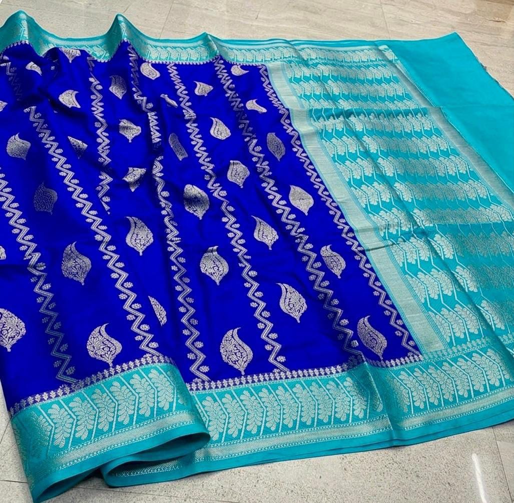 Banarasi Katan Dyeable Soft & Lightweight Silk Saree with Woven Buta, Stripe Design, Dual Zari Border, Designer Pallu & Blouse in Navu Blue Sy Blue