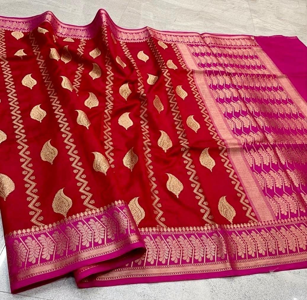 Banarasi Katan Dyeable Soft & Lightweight Silk Saree with Woven Buta, Stripe Design, Dual Zari Border, Designer Pallu & Blouse in Red and Magenta