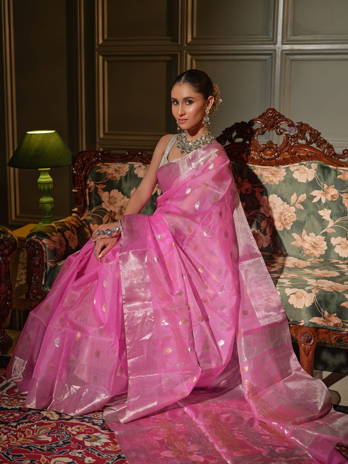 Premium Katan Silk Saree with All Over Silver and Gold Zari Ghani Butte, Patella Border, Jhad Palla and Running Blouse Piece in Pink