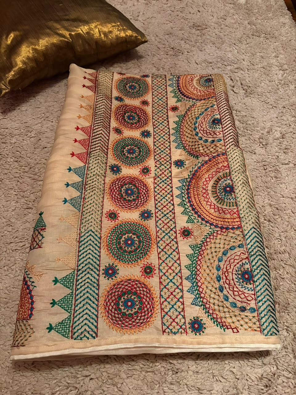 Classy Cream Premium Tussar Silk saree embellished with multi coloured resham thread charismatic Lambani (Banjara) work