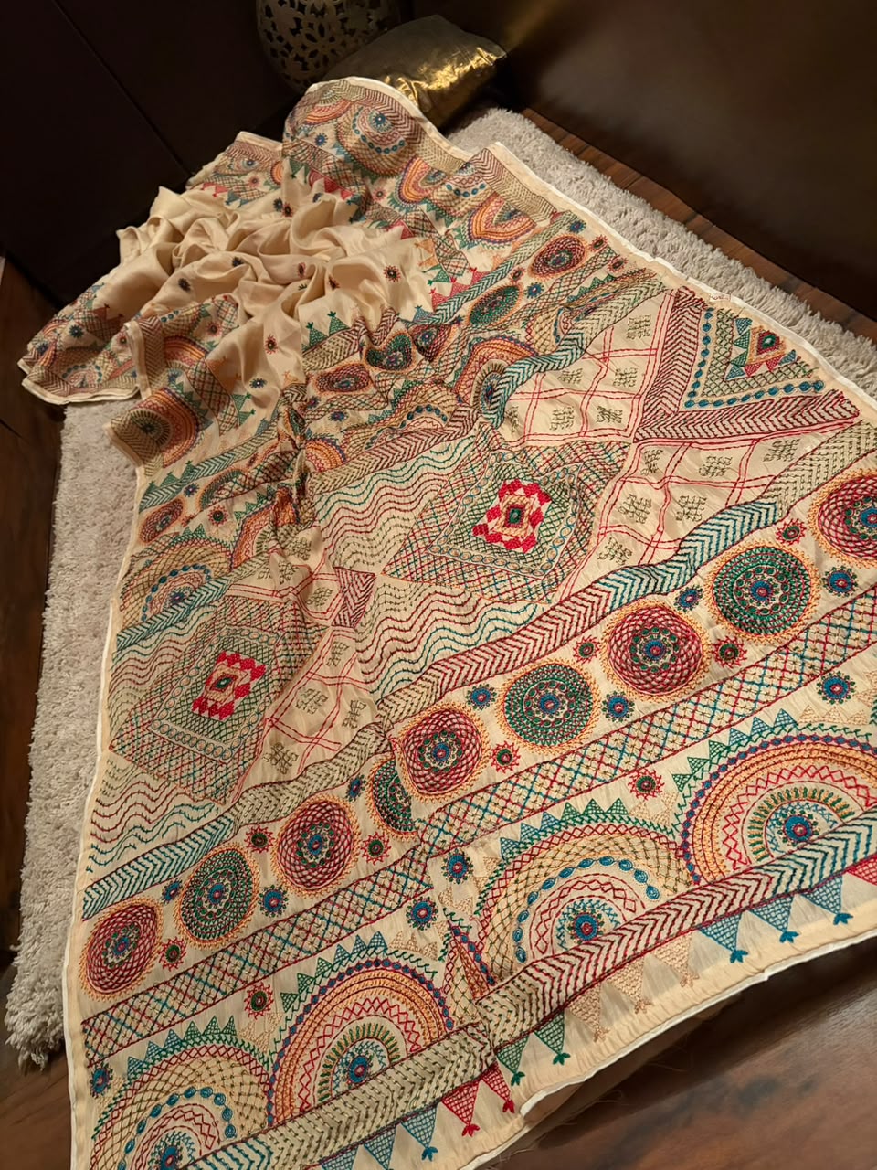 Classy Cream Premium Tussar Silk saree embellished with multi coloured resham thread charismatic Lambani (Banjara) work