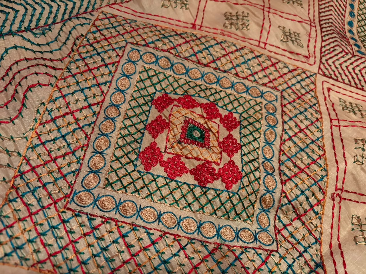 Classy Cream Premium Tussar Silk saree embellished with multi coloured resham thread charismatic Lambani (Banjara) work