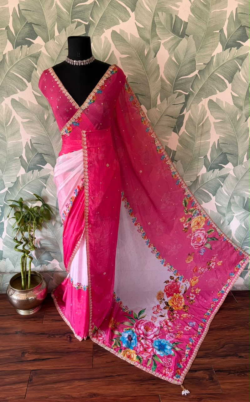 Pink Premium Pure Chinnon Crepe Silk Saree Embellished With Zardozi Pearl Cut Daana Handwork