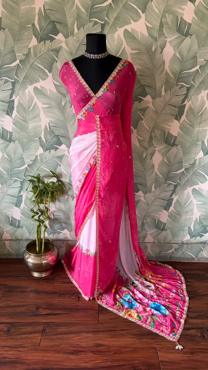 Pink Premium Pure Chinnon Crepe Silk Saree Embellished With Zardozi Pearl Cut Daana Handwork
