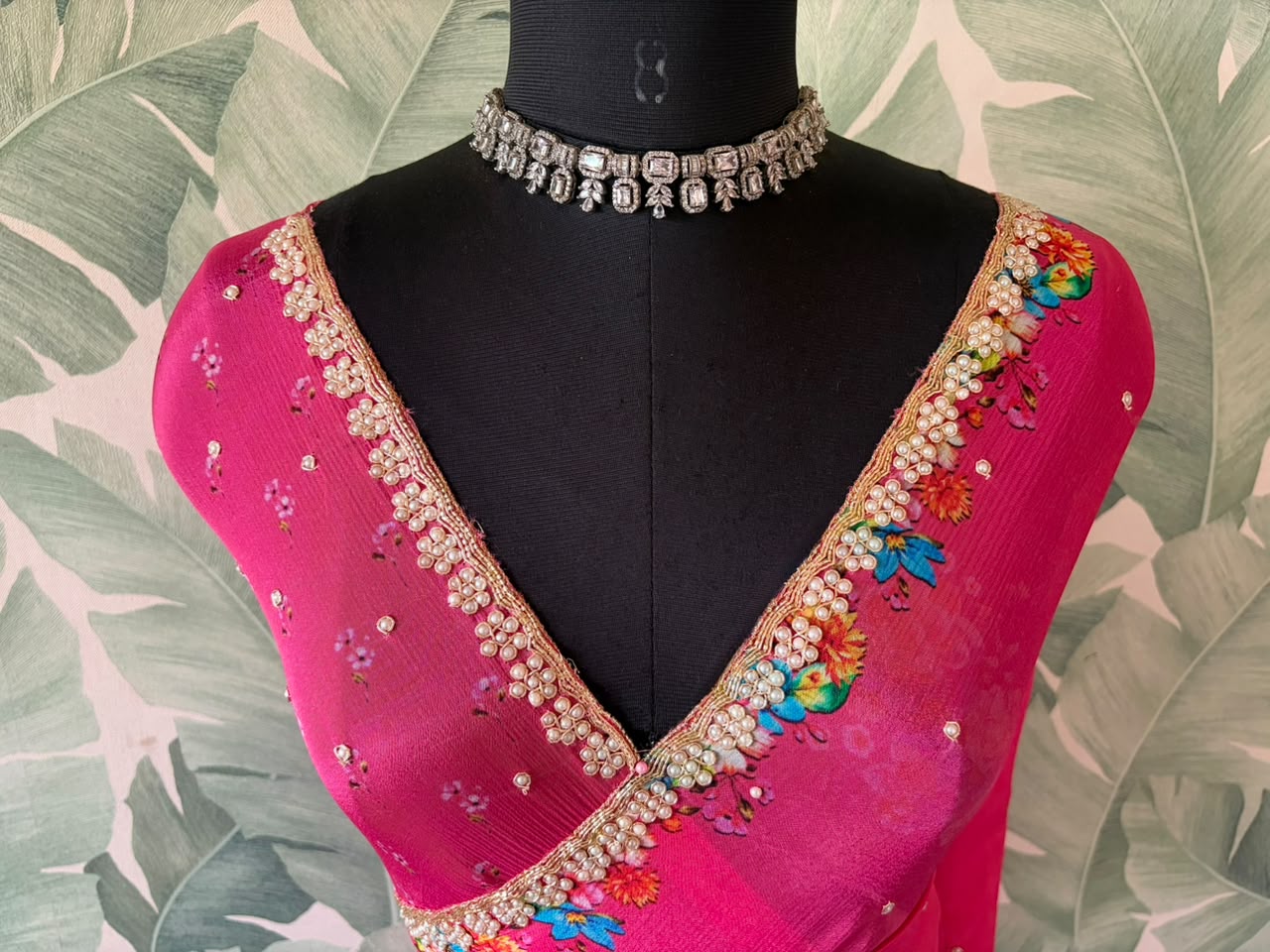 Pink Premium Pure Chinnon Crepe Silk Saree Embellished With Zardozi Pearl Cut Daana Handwork