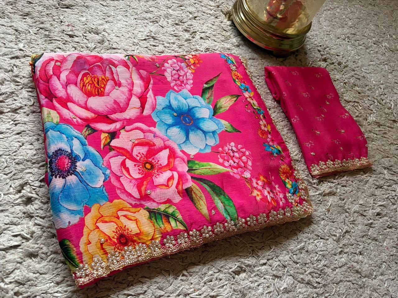 Pink Premium Pure Chinnon Crepe Silk Saree Embellished With Zardozi Pearl Cut Daana Handwork
