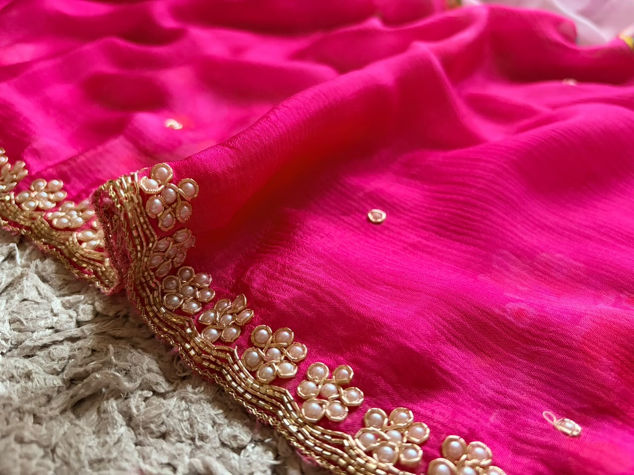 Pink Premium Pure Chinnon Crepe Silk Saree Embellished With Zardozi Pearl Cut Daana Handwork