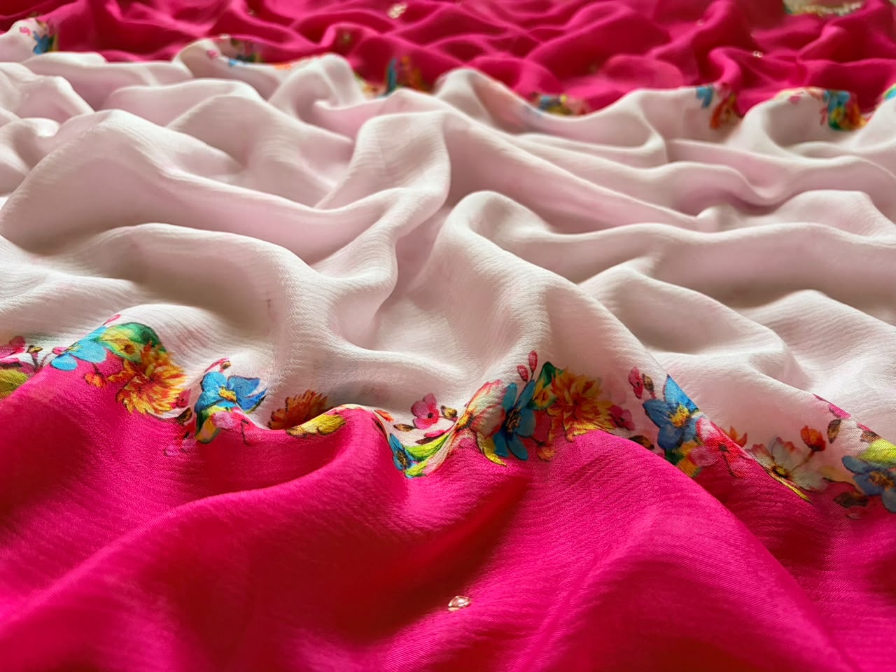 Pink Premium Pure Chinnon Crepe Silk Saree Embellished With Zardozi Pearl Cut Daana Handwork