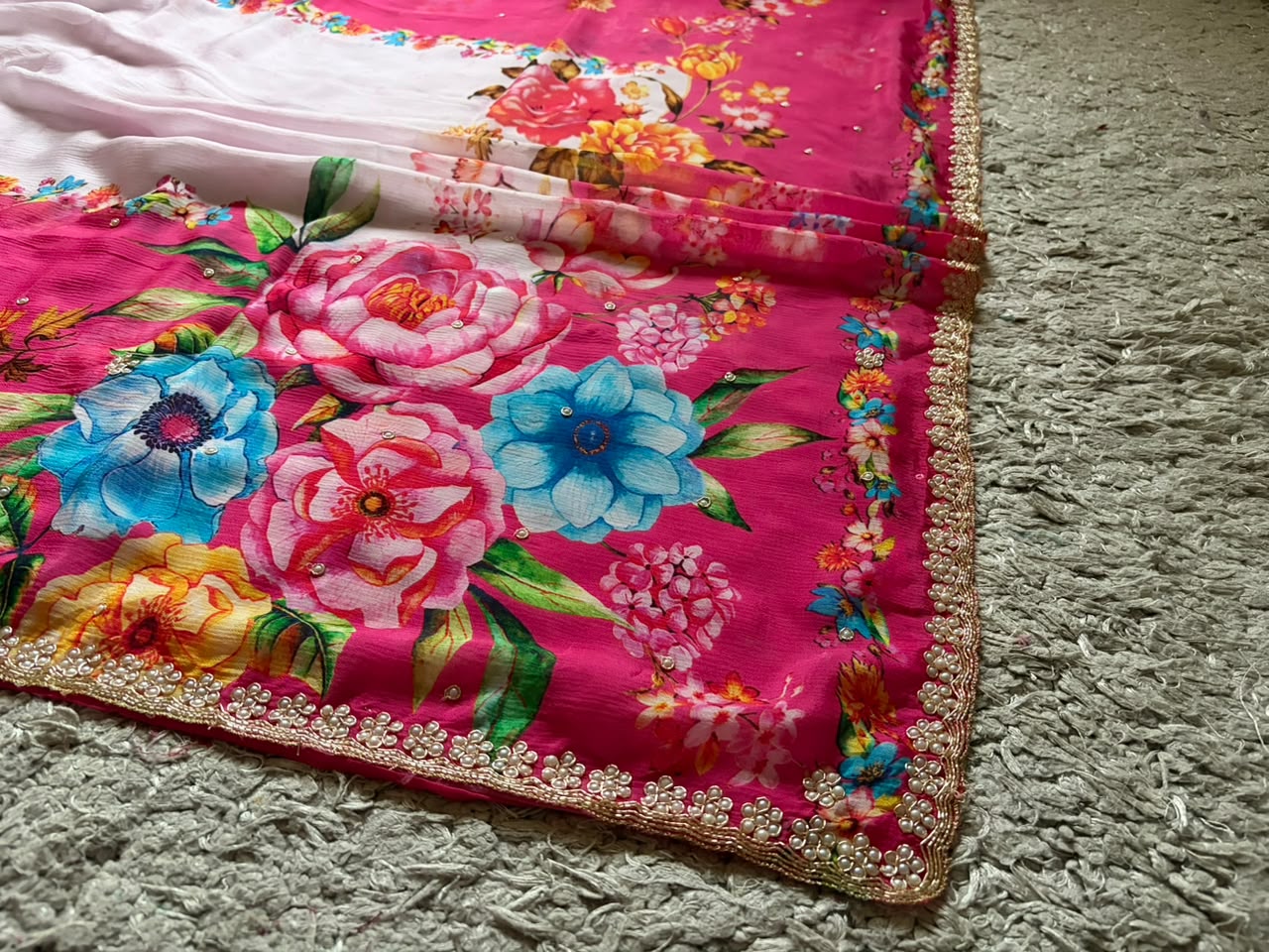 Pink Premium Pure Chinnon Crepe Silk Saree Embellished With Zardozi Pearl Cut Daana Handwork