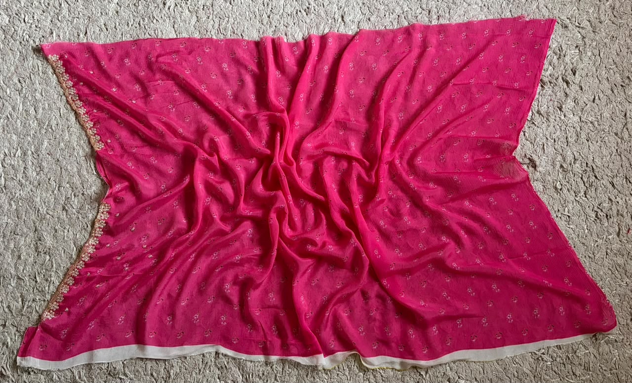Pink Premium Pure Chinnon Crepe Silk Saree Embellished With Zardozi Pearl Cut Daana Handwork