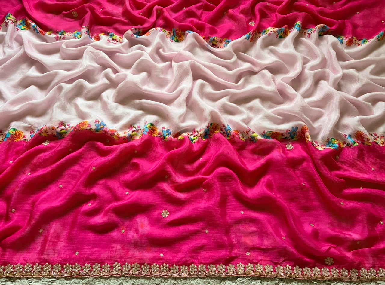 Pink Premium Pure Chinnon Crepe Silk Saree Embellished With Zardozi Pearl Cut Daana Handwork